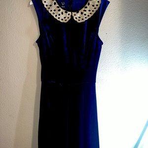 Blue Velvet babydoll dress with sequence white lace at neckline.